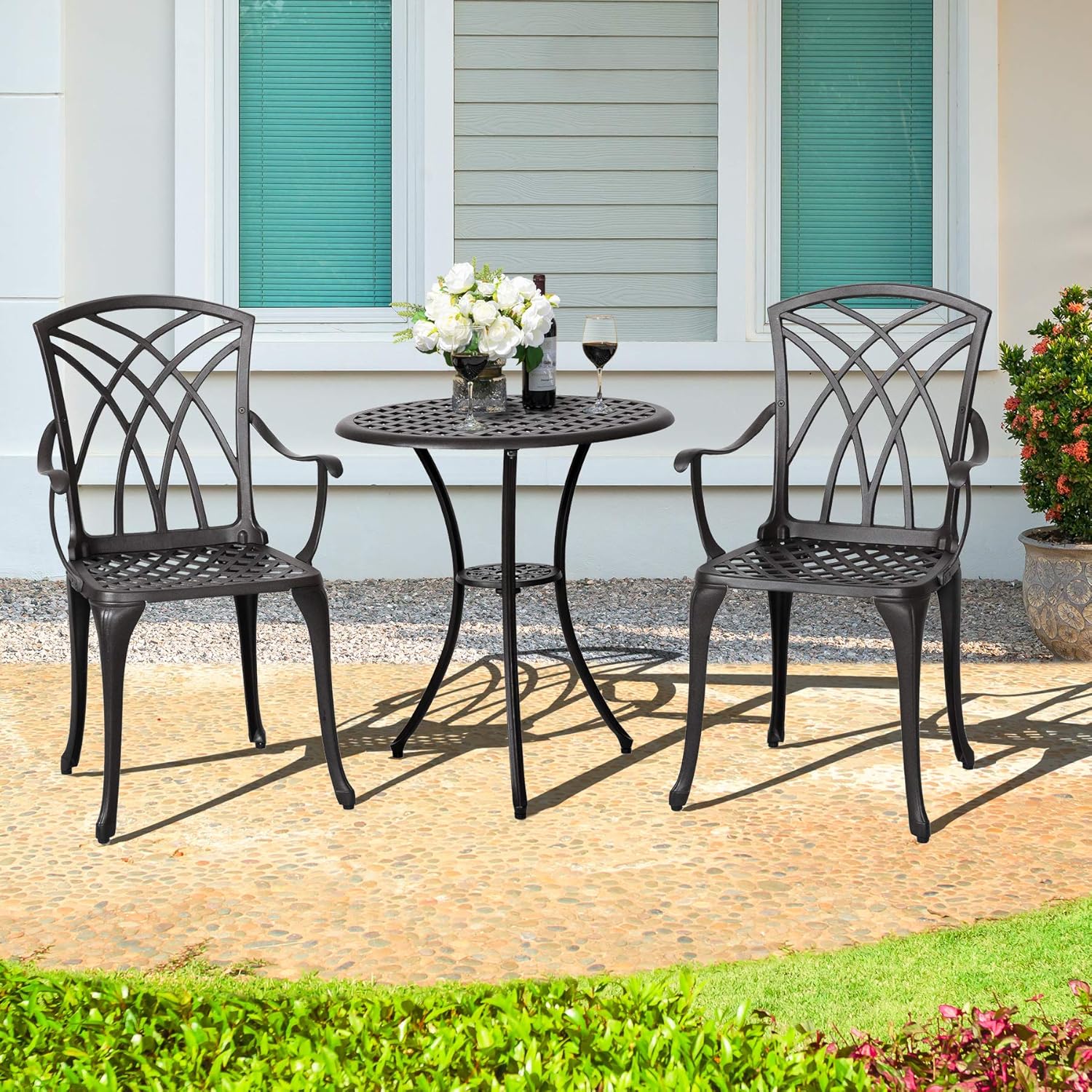 3 Piece Cast Aluminum Patio Bistro Table Set with Umbrella Hole O567