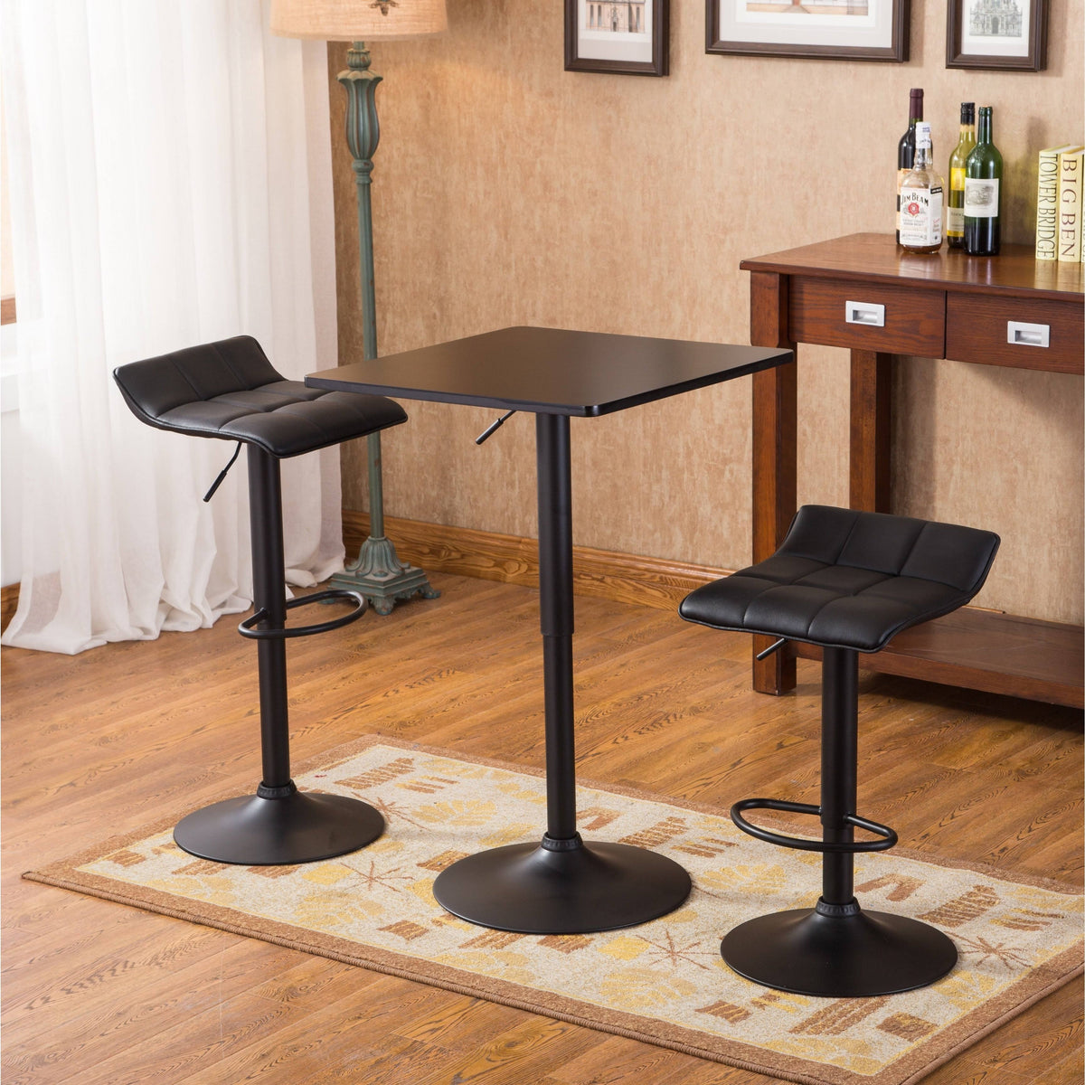 Black Metal Bar Table with 2 Swivel Bonded Leather Stools O794