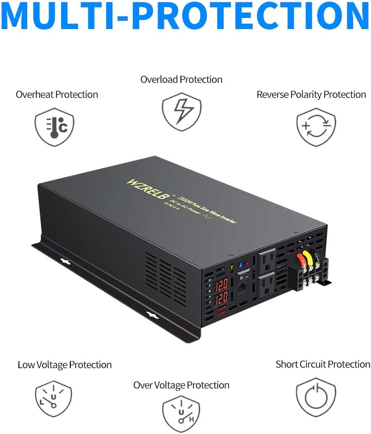 2500W 12VDC 120VAC Pure Sine Wave Power Inverter with 2 AC Outlets Wired Remote Control P52606