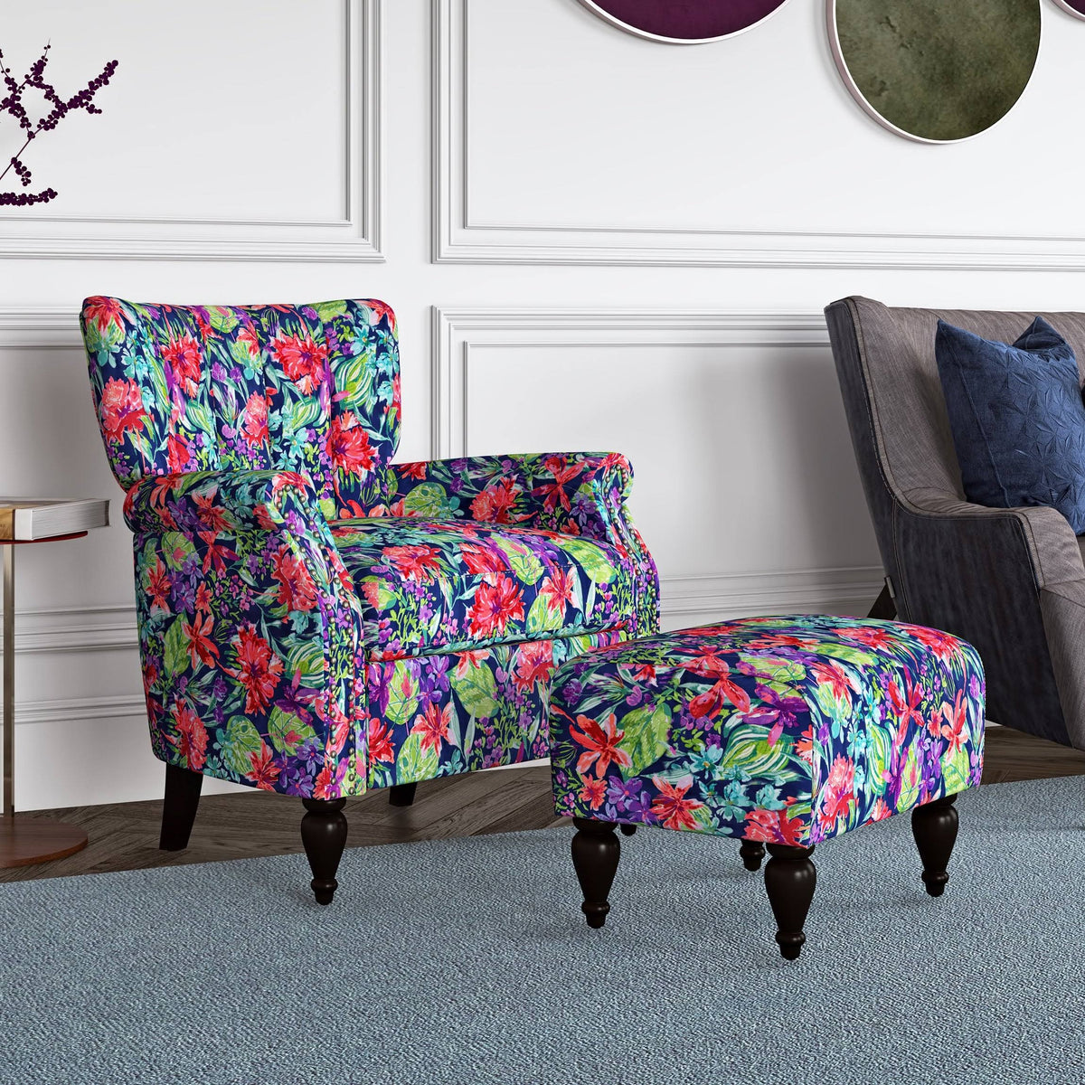 Botanical Velvet Arm Chair and Ottoman H3091