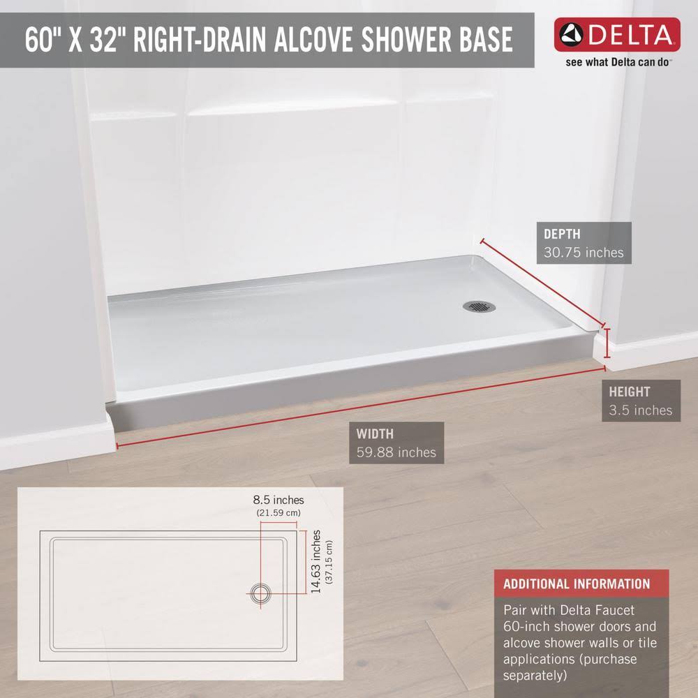 White 32x22 x 60x22 Shower Base S142305