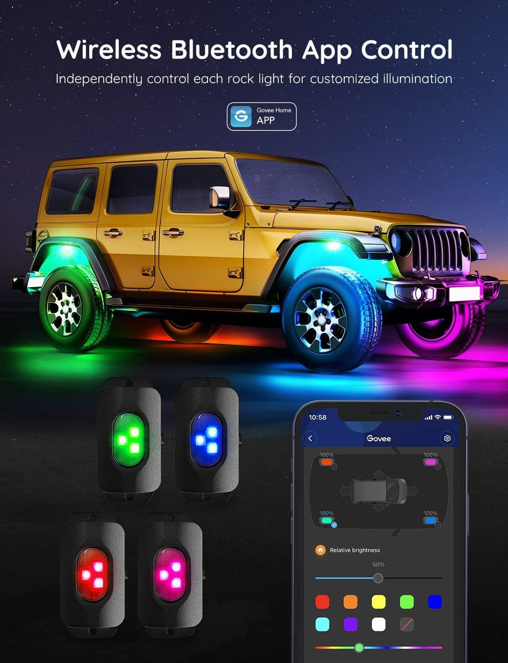RGBIC Car Underglow Lights, 8 Pods, IP67 Waterproof, DC 12V O70531