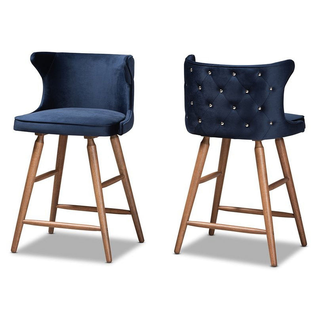 Blue and Walnut Brown Finished Wood 2-Piece Stool Set T27662