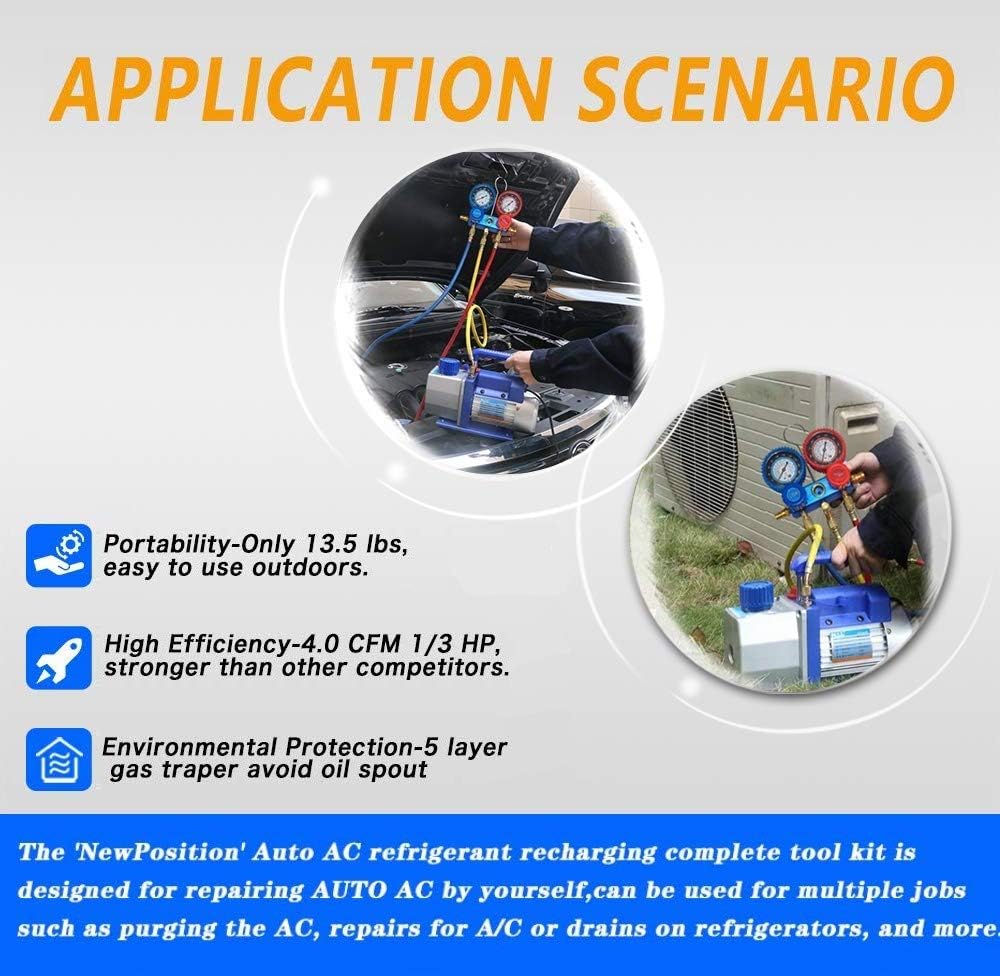 4CFM 1/3HP Air Vacuum Pump HVAC A/C Refrigeration Tool Kit with Leak Detector, Manifold Gauge Set, 3 Hoses K23263