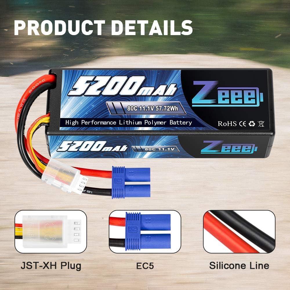 11.1V 80C 5200mAh 3S Lipo Battery with EC5 Connector Hardcase Battery (2 Packs) H427558