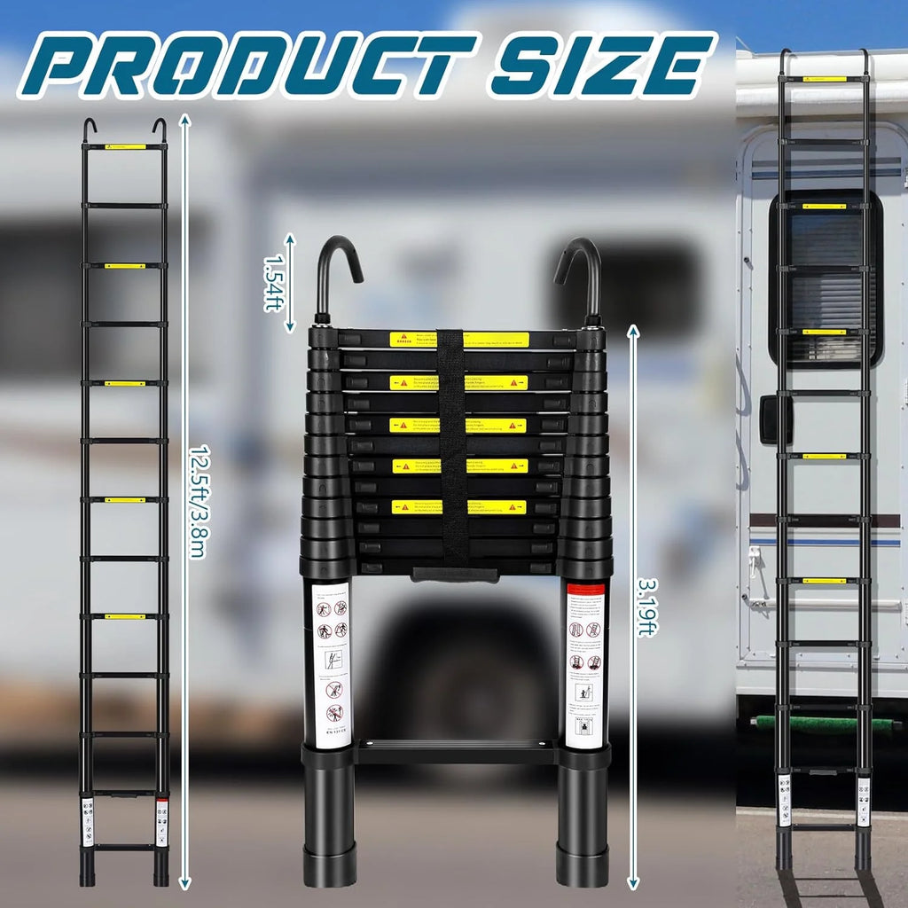 12.5FT Aluminum Telescoping Folding Ladder with Hook, 330lbs Load Capacity T445643