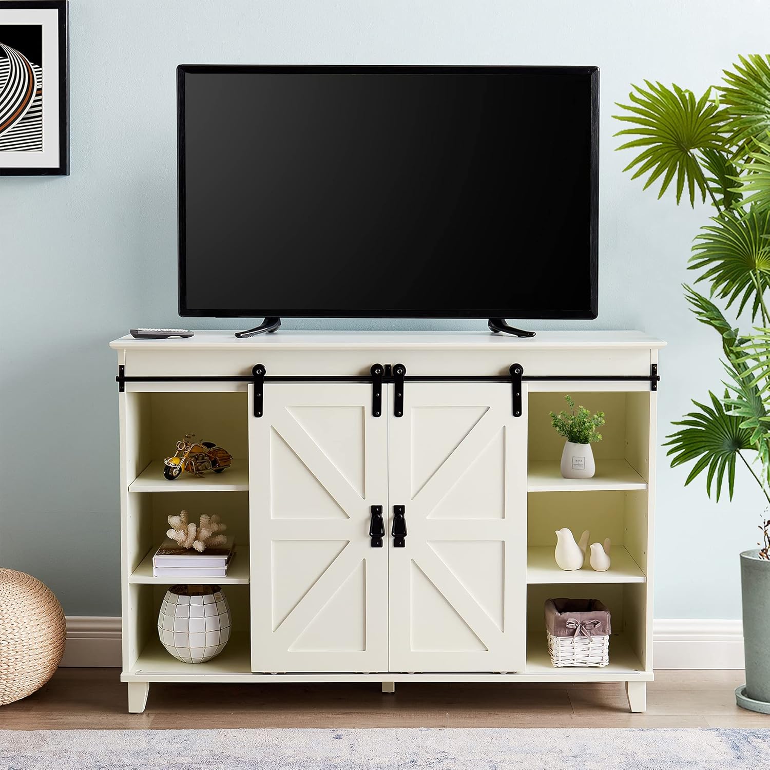 White Wash Grey Farmhouse TV Stand with Sliding Barn Doors S400721