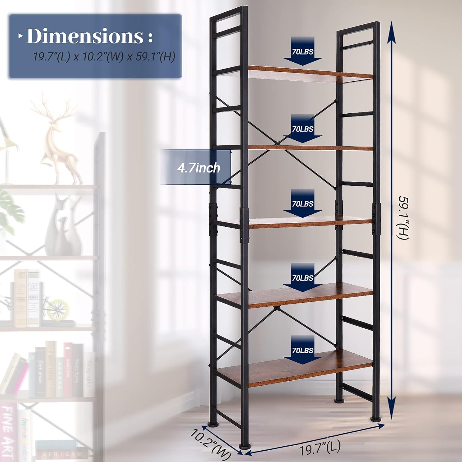 5 Tier Adjustable Metal and Wood Bookshelf W550