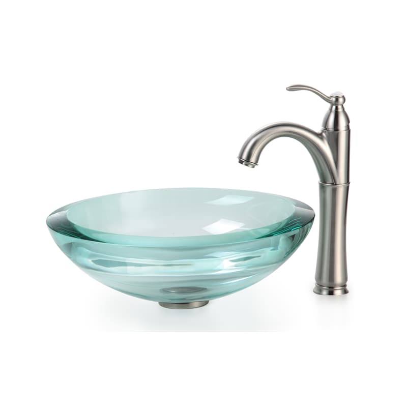 Glass Circular Vessel Bathroom Sink with Faucet, Satin Nickel V4807