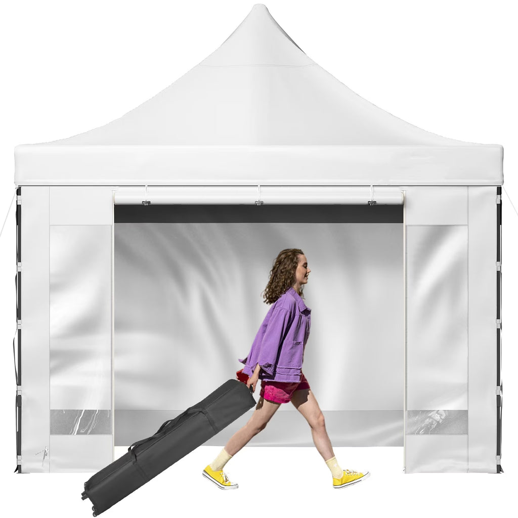 White 10 x 10 ft Pop Up Canopy Tent with Removable Sidewalls and Wheeled Bag C165149