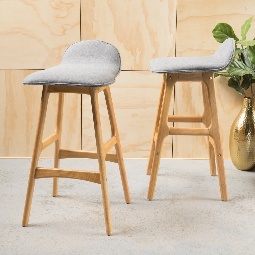 Mid-Century Modern Upholstered Barstools Set of 2, Gray and Natural Oak L761