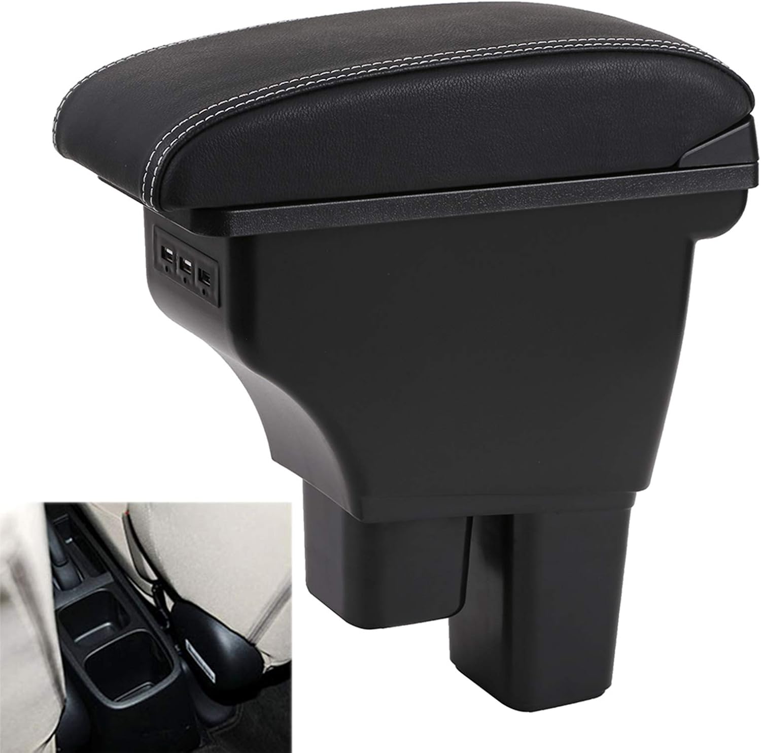 Black with Black Thread Double Layer Car Center Storage Box with 3 USB Ports Pack of 2 L15184