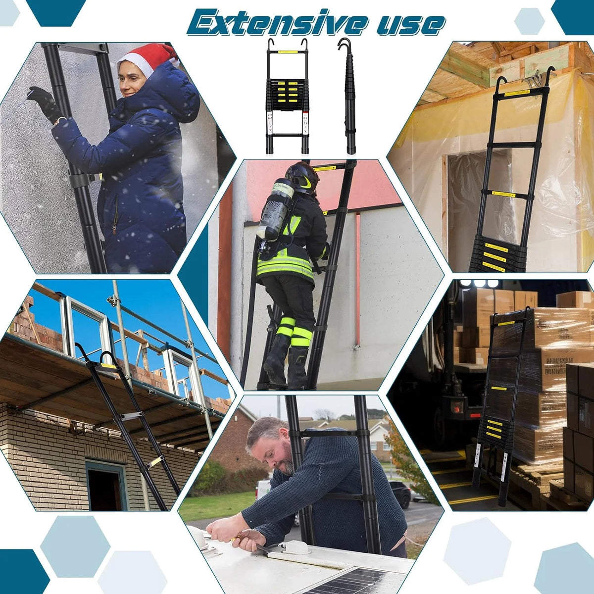 12.5FT Aluminum Telescoping Folding Ladder with Hook, 330lbs Load Capacity T445643