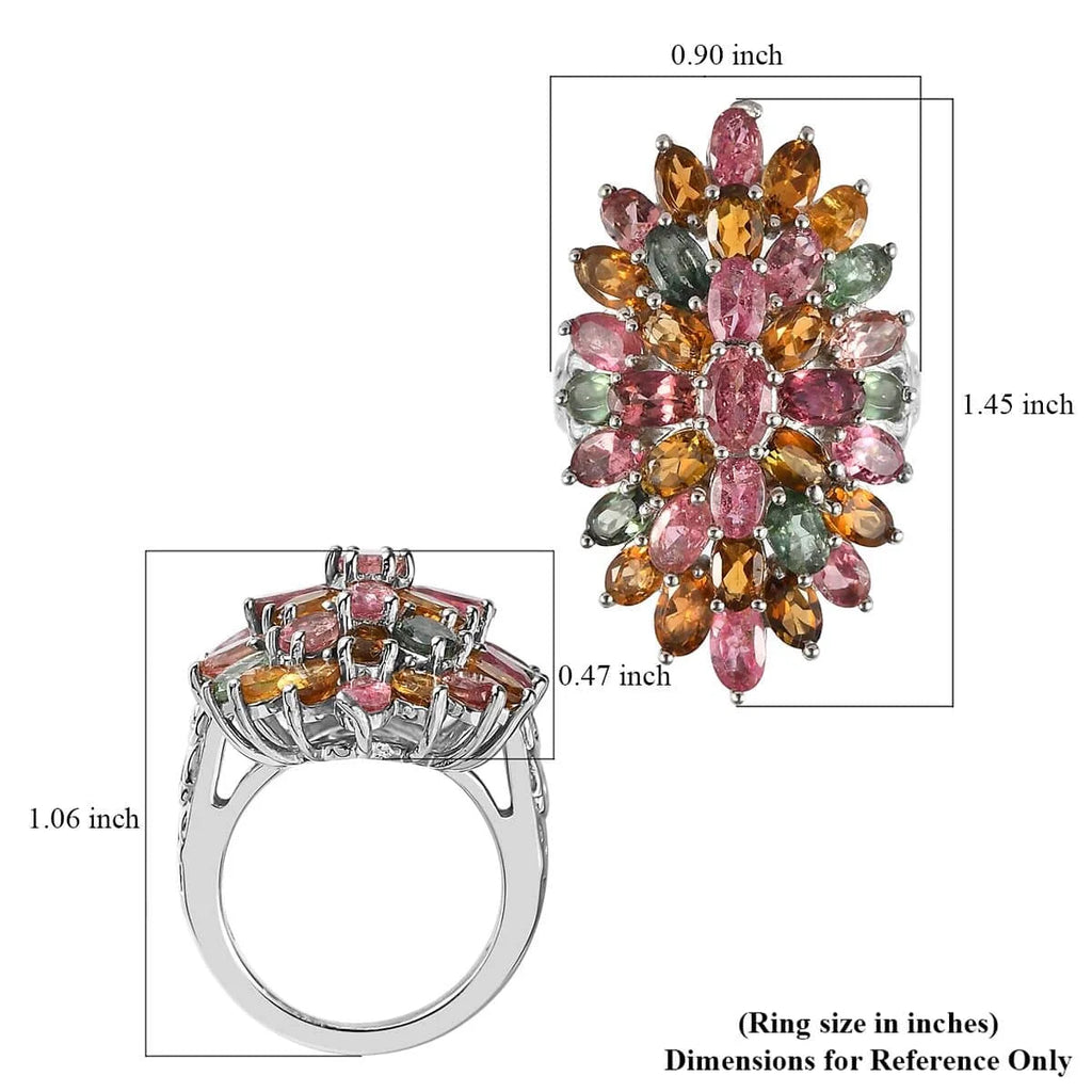 Multi-Tourmaline Oval 925 Sterling Silver Platinum Plated Cluster Ring Size 10 Ct 6.28 R3975