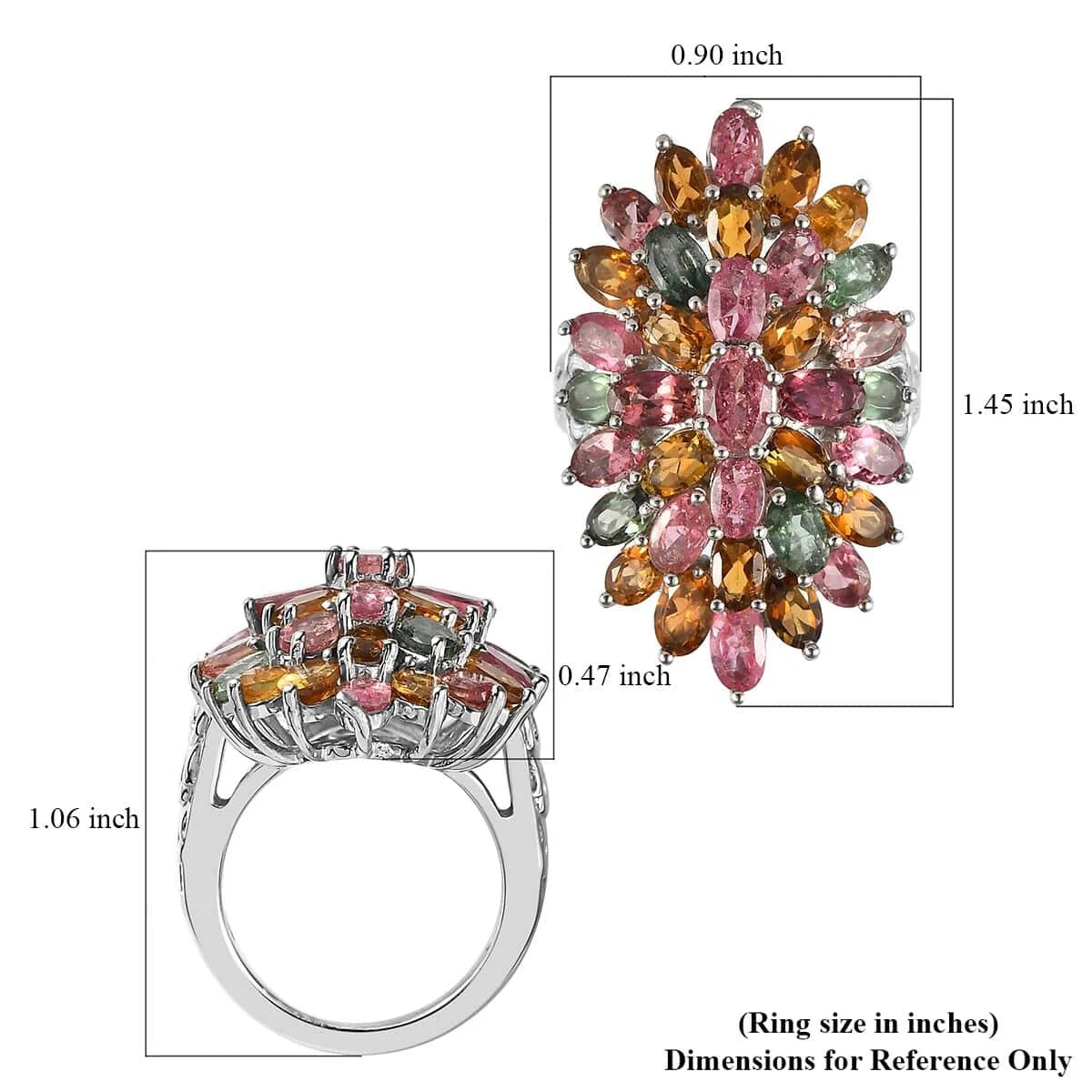 Multi-Tourmaline Oval 925 Sterling Silver Platinum Plated Cluster Ring Size 10 Ct 6.28 R3975