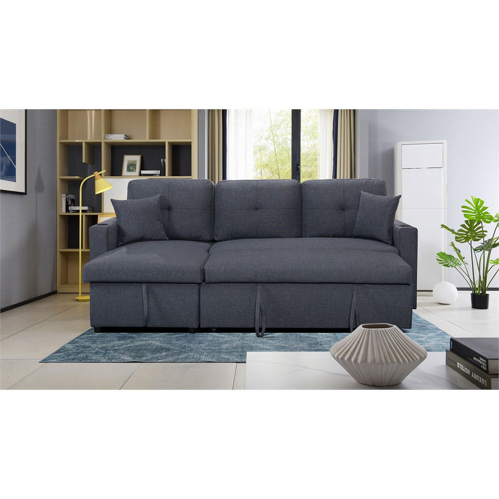 Dark Gray Linen Fabric Reversible Sleeper Sofa Chaise with Cup Holder F263