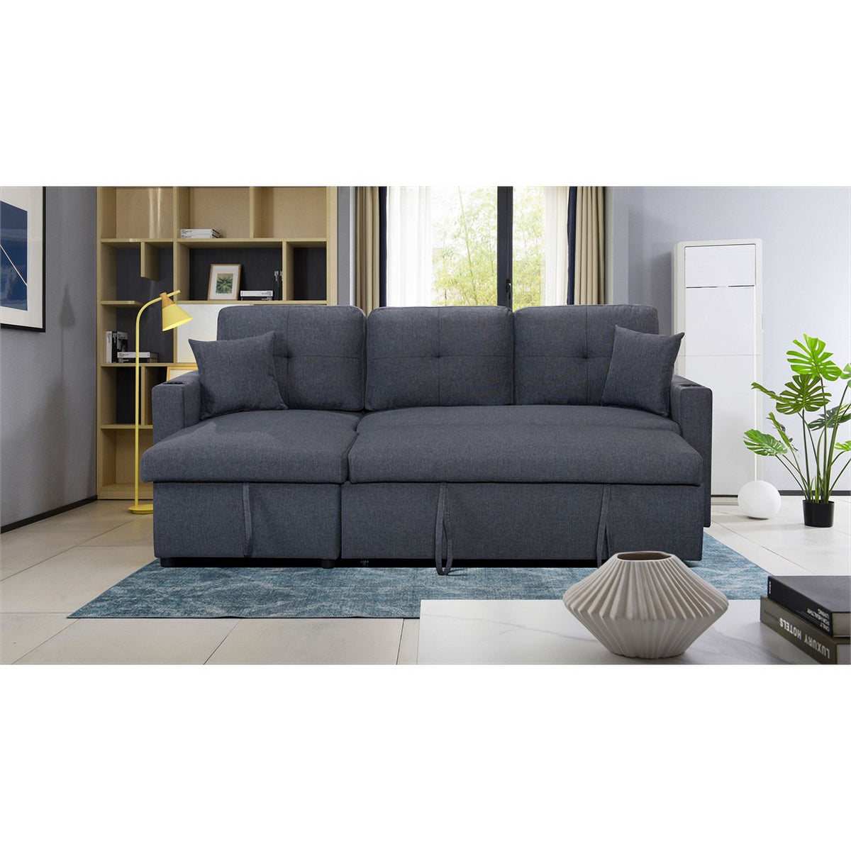Dark Gray Linen Fabric Reversible Sleeper Sofa Chaise with Cup Holder F263