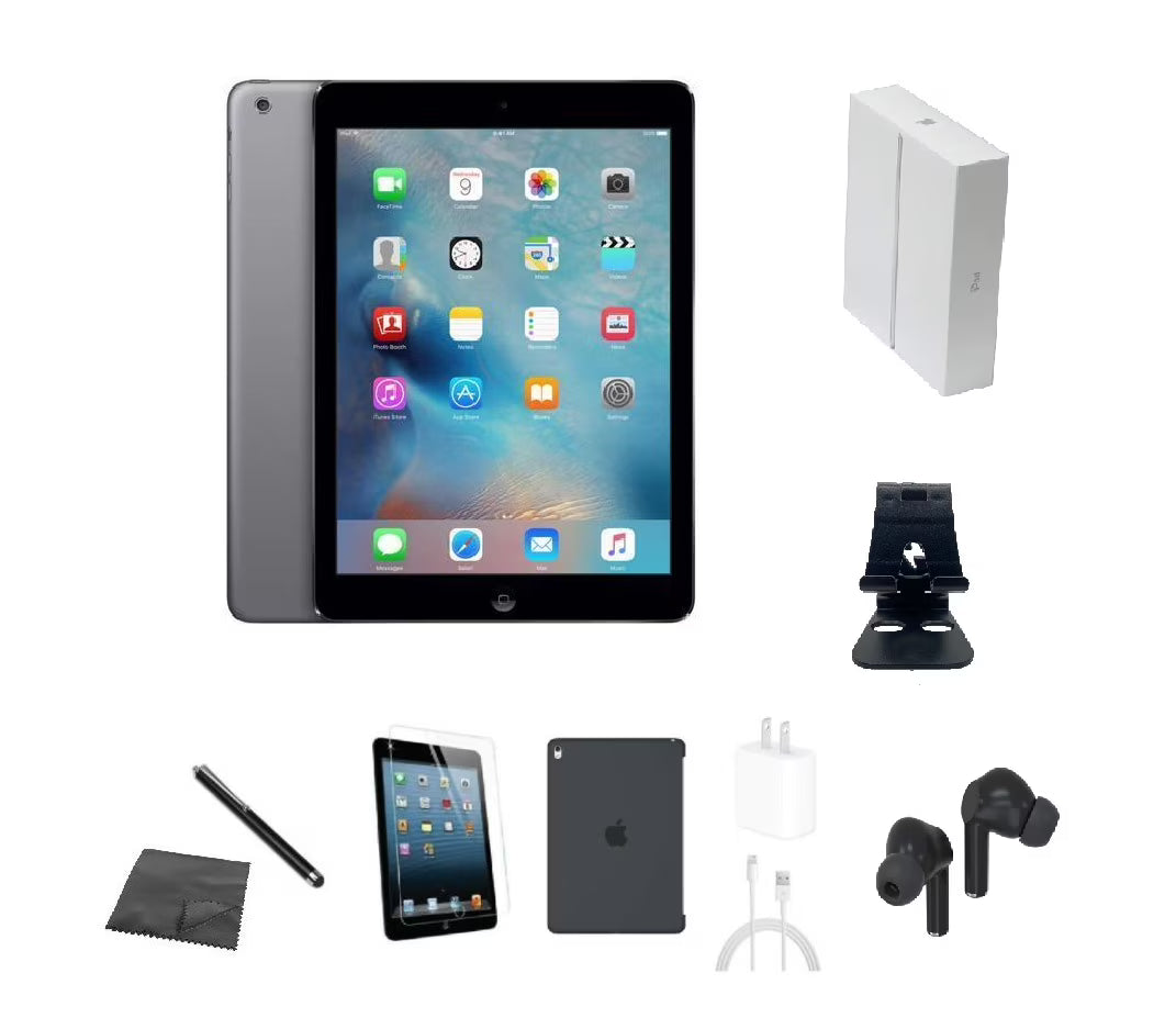 iPad Air 32GB Space Gray Bundle with Case, Box, Bluetooth Earbuds, Tempered Glass, Stylus, Stand, Charger U99841