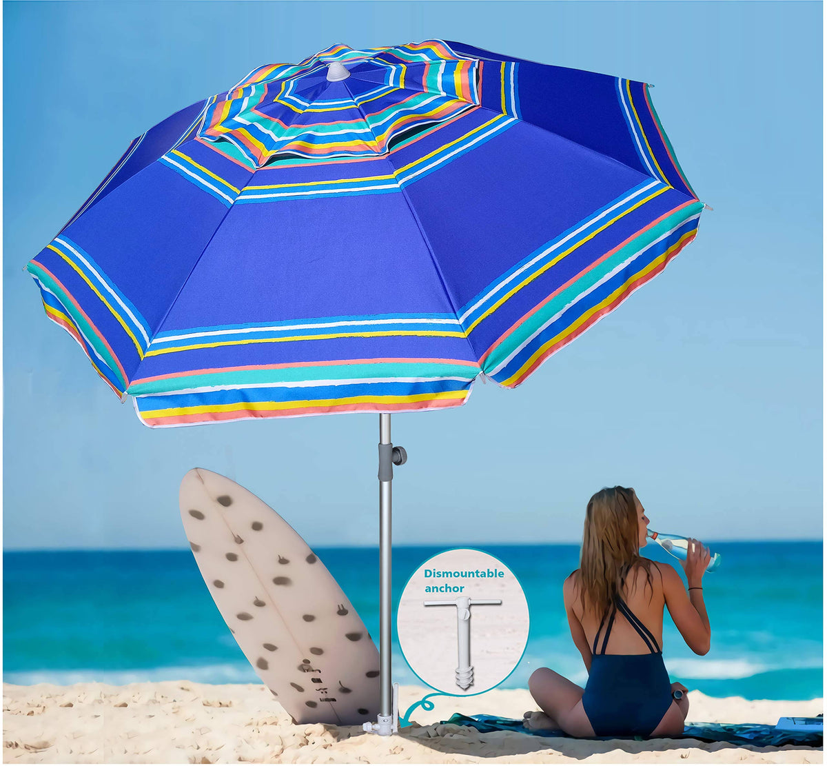 7 Foot High Wind Beach Umbrella with Sand Anchor & Carry Bag G7069