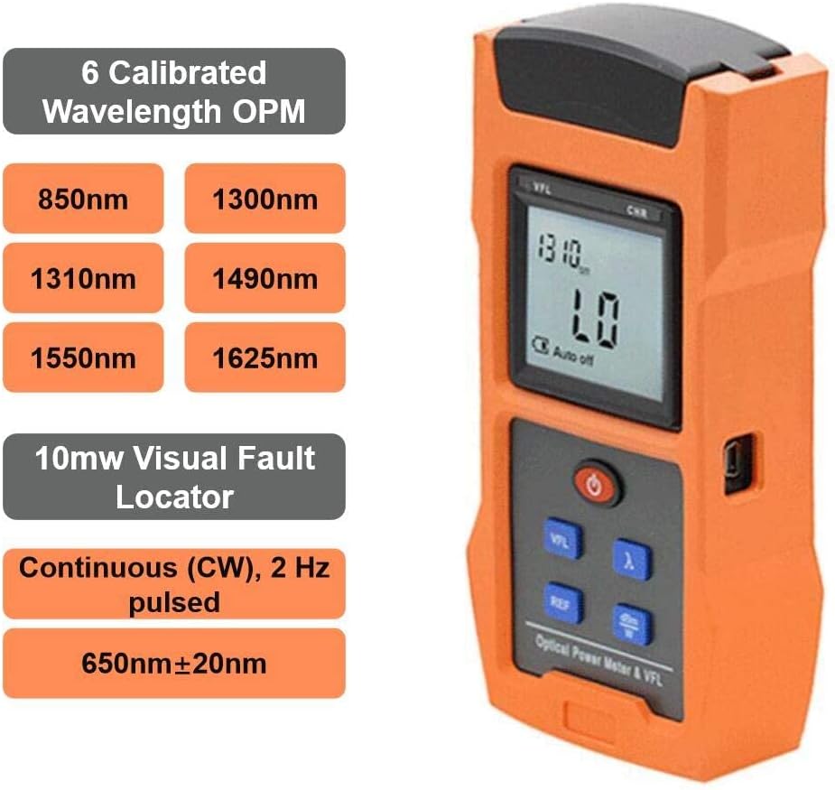 Optical Power Meter with Visual Fault Locator, Fiber Light Tester, Rechargeable Battery, USB Charge Port, Pack of 2 K46210