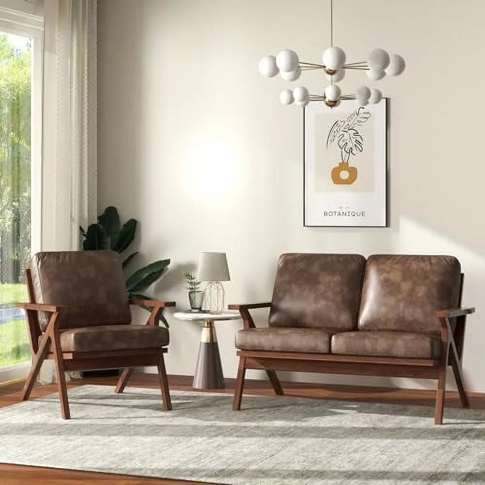 Brown Faux Leather Armchair with Wooden Frame J877077