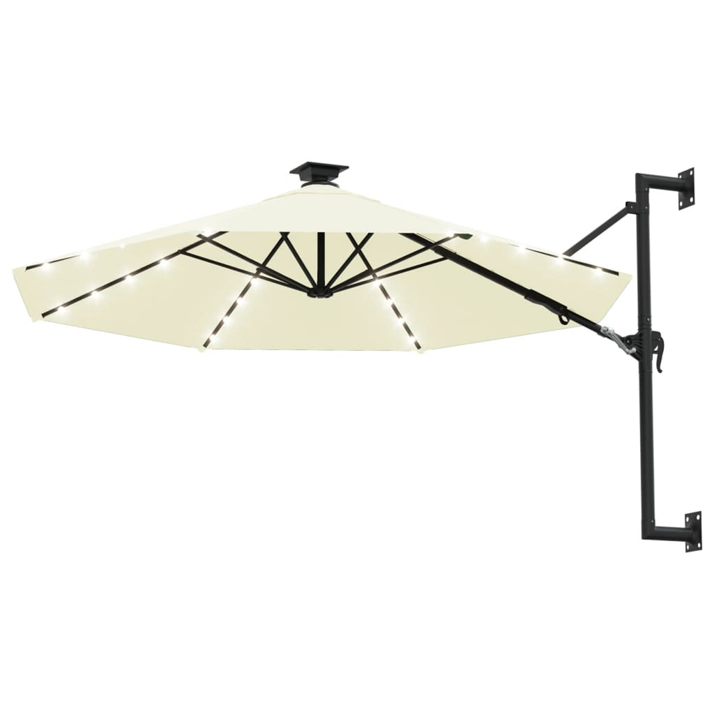 Wall Mounted Parasol with LEDs and Metal Pole Garden Folding Umbrella Sand 118.1 x 51.6 Inches G579061