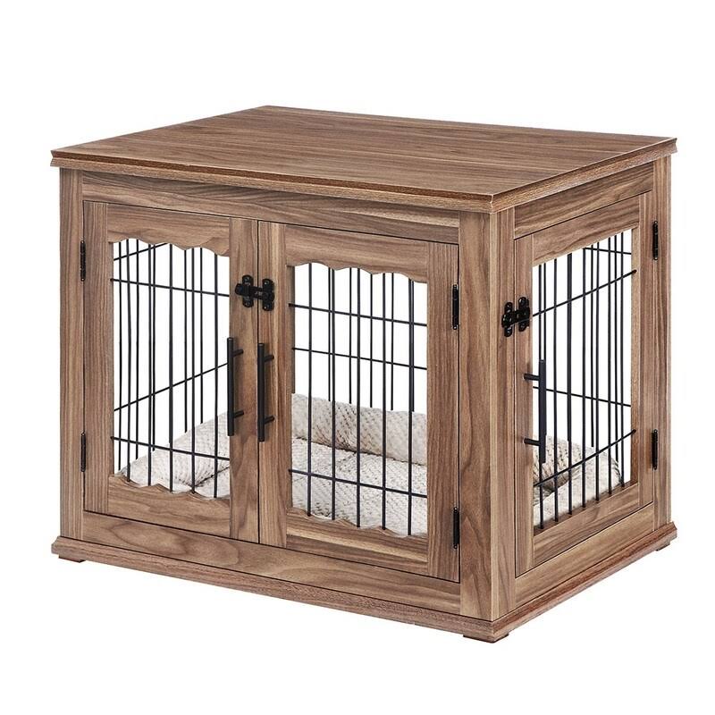 Wooden End Table with Wire Dog Kennel in Weathered Gray, Medium D280863