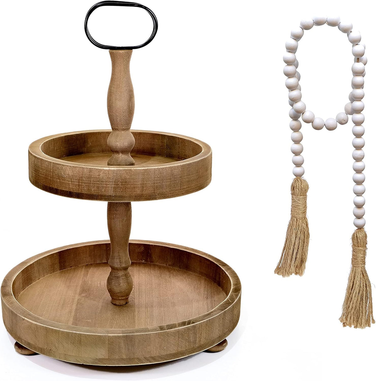 White 2 Tier Tray with Beads T7600