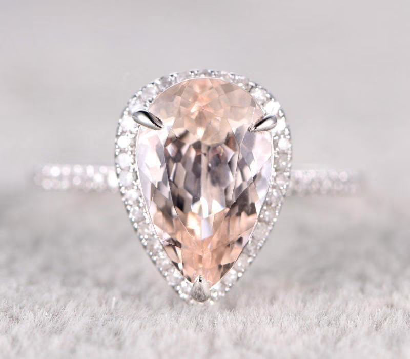 Pear Cut Morganite and Diamond Moissanite Halo Engagement Ring with 18k Gold Plating Q3386