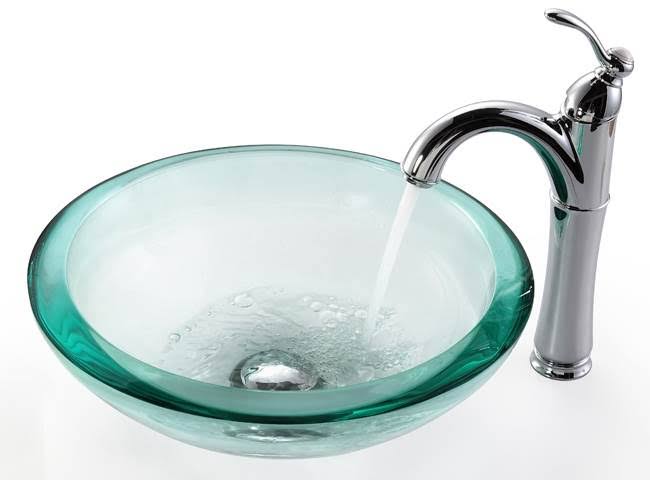 Glass Circular Vessel Bathroom Sink with Faucet, Satin Nickel V4807