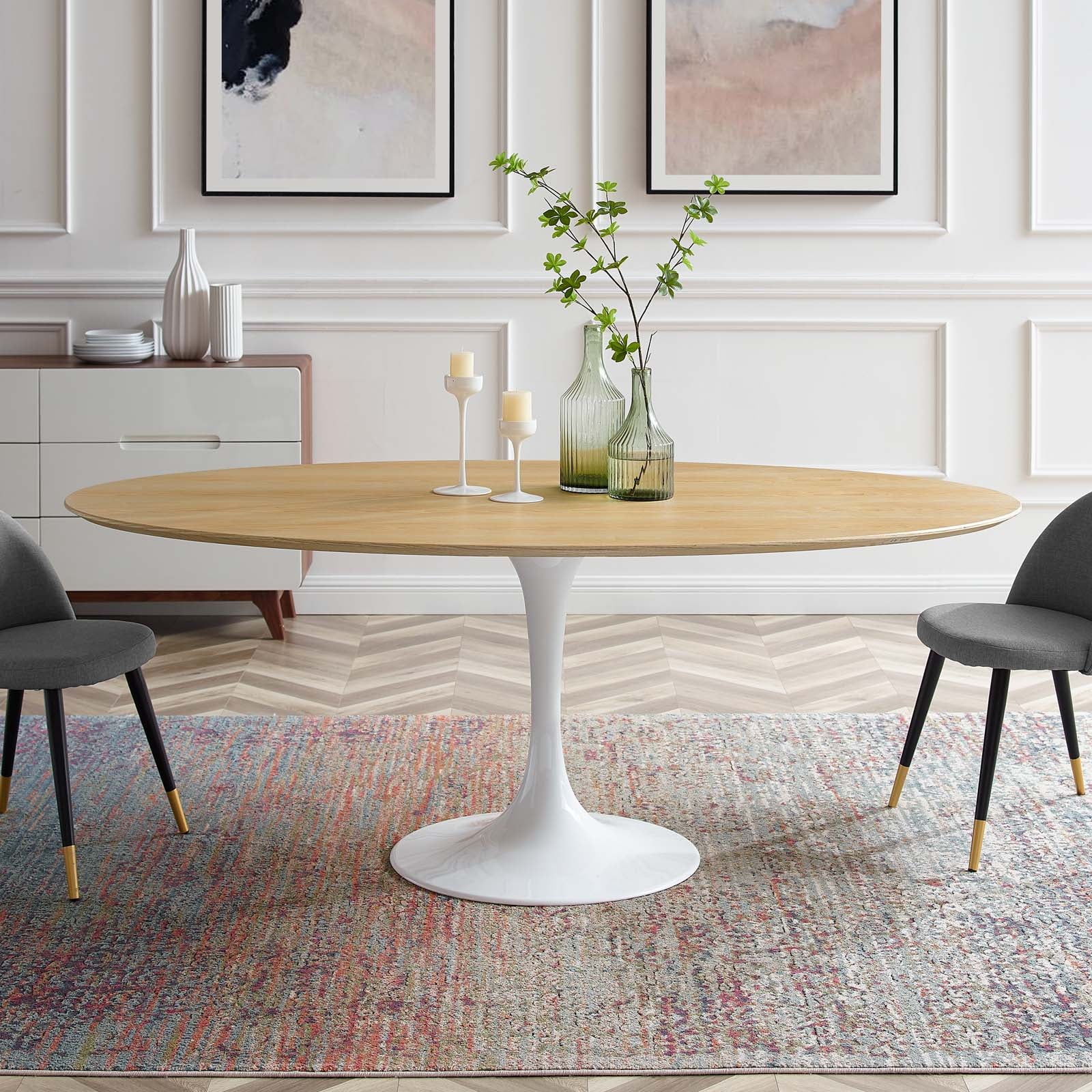 Natural Brown White Wood Metal Steel Oval Dining Table K366