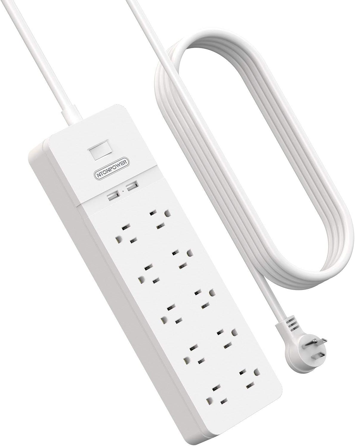 Flat Plug Extension Cord 25 Ft, 10 Outlets Power Strip Surge Protector with 2 USB, 1080 Joules, Wall Mountable, Pack of 2 I931