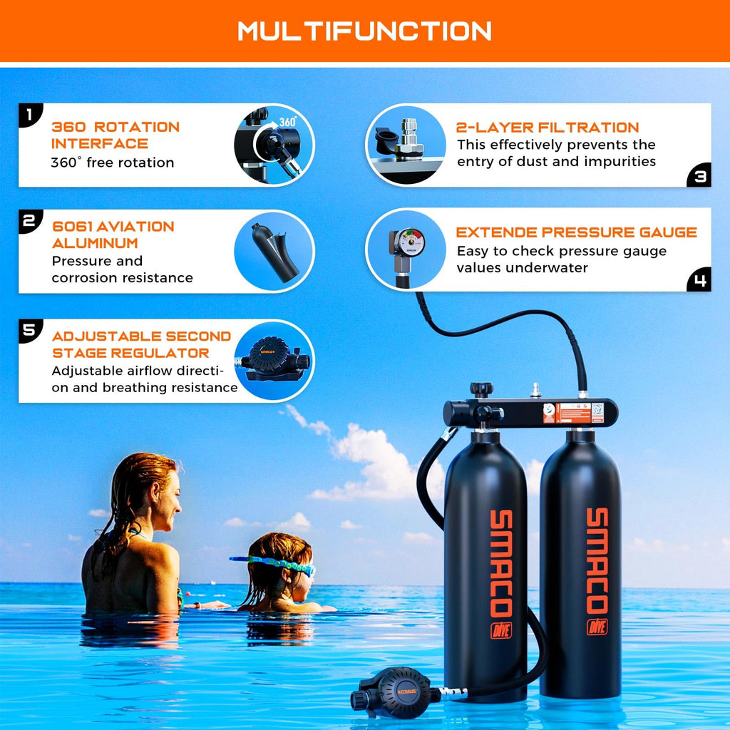 Mini Scuba Diving Tank 1.9L Double Scuba Tank Reusable Small Pony Bottle with 30-45 Mins Portable Twin Diving Air Tank Kit Diving Oxygen Cylinder P3570