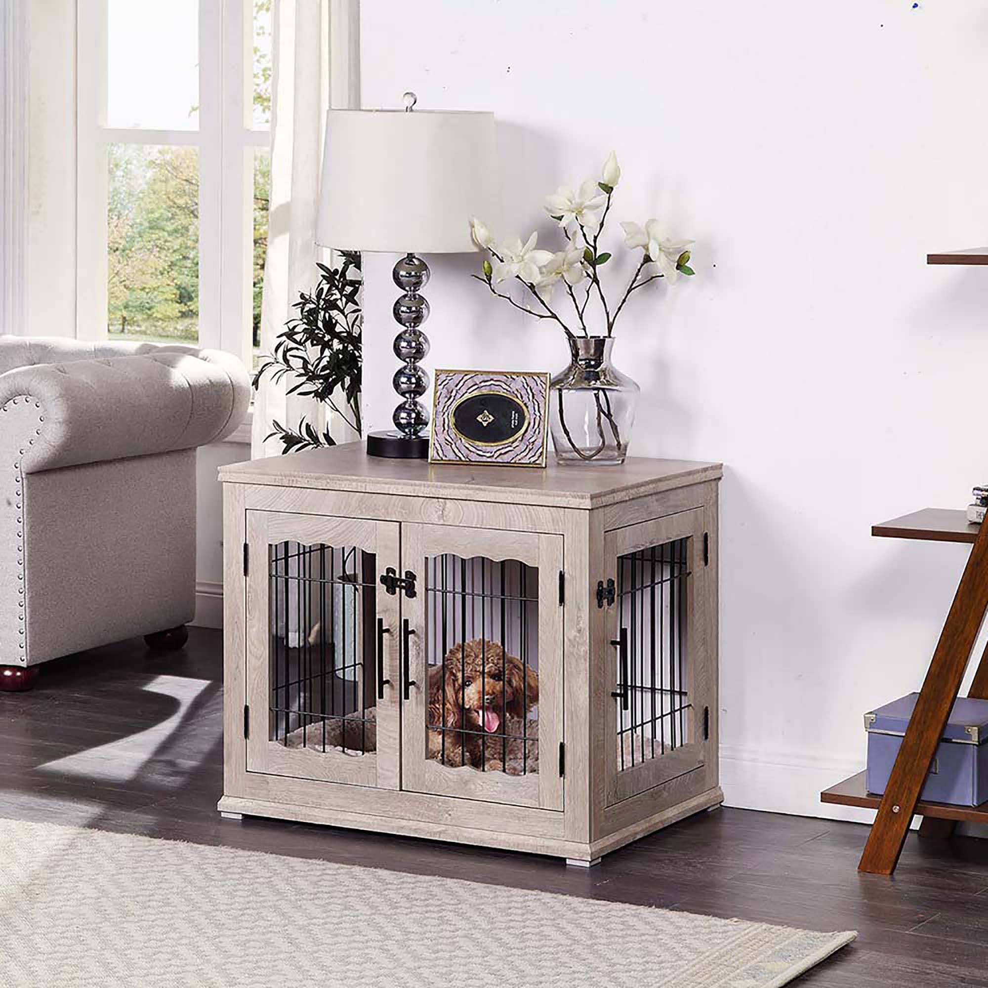 Wooden End Table with Wire Dog Kennel in Weathered Gray, Medium D280863