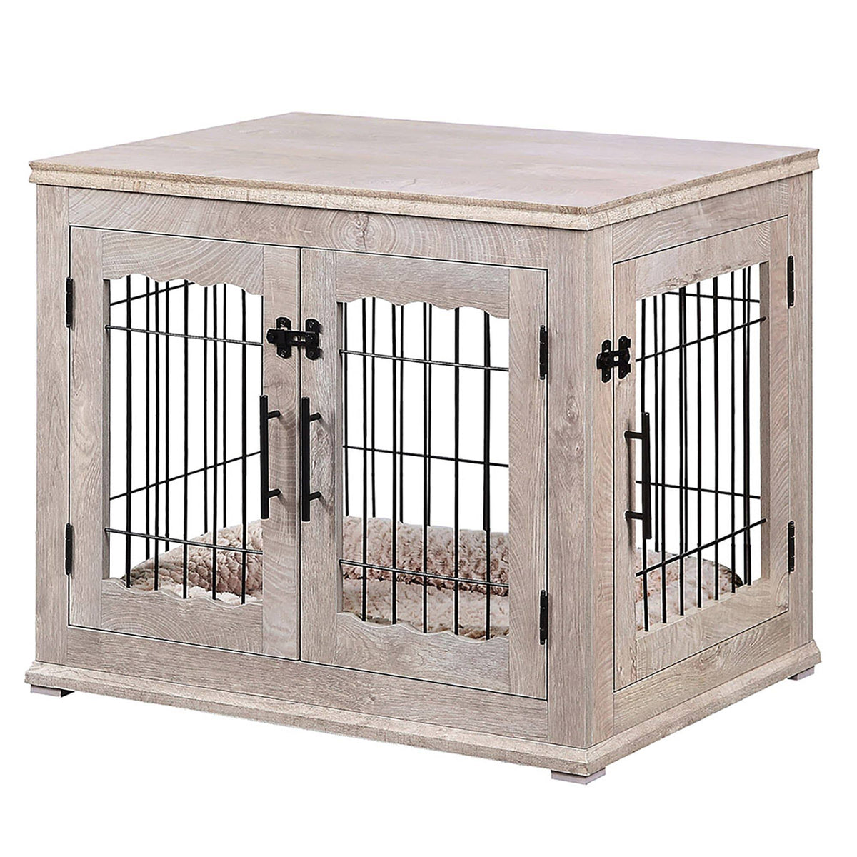 Wooden End Table with Wire Dog Kennel in Weathered Gray, Medium D280863