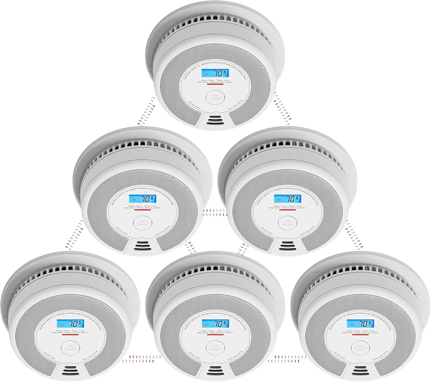 Wireless Interconnected Smoke and Carbon Monoxide Detector with LCD Display, 10-Year Battery, Pack of 6 O304202