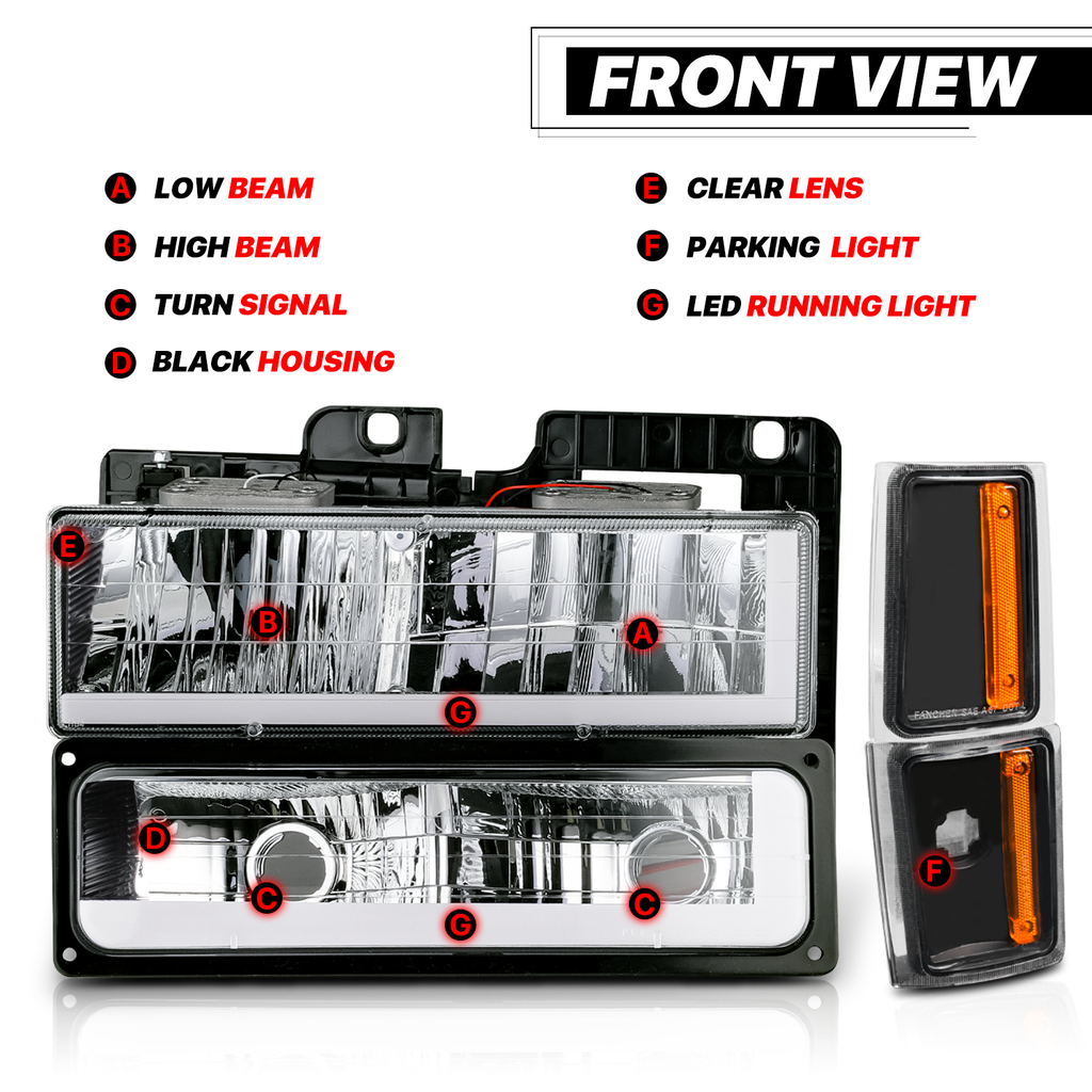 Replacement LED Tube Headlights Assembly Set for Chevy C1500/C2500/C3500/K1500/K2500/K3500 Suburban A38626
