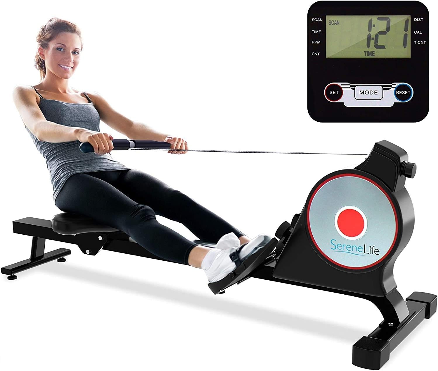 Magnetic Rowing Machine with Bluetooth App Fitness Tracking, Foldable Home Gym Exercise Rower with Adjustable Resistant, Padded Seat, Digital LCD Readout and Reinforced Cable K578894