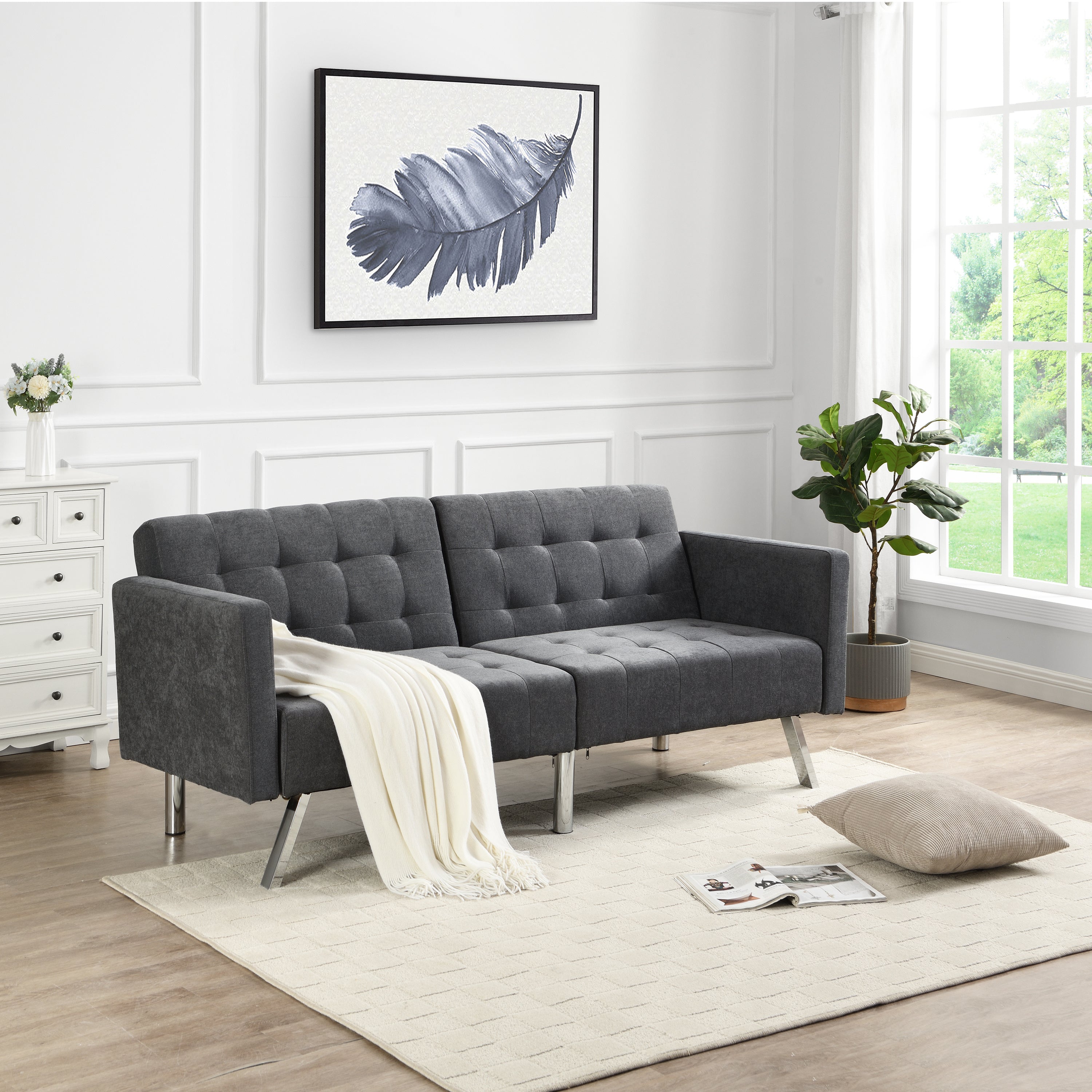 Dark Grey Convertible Linen Sofa Bed L738900