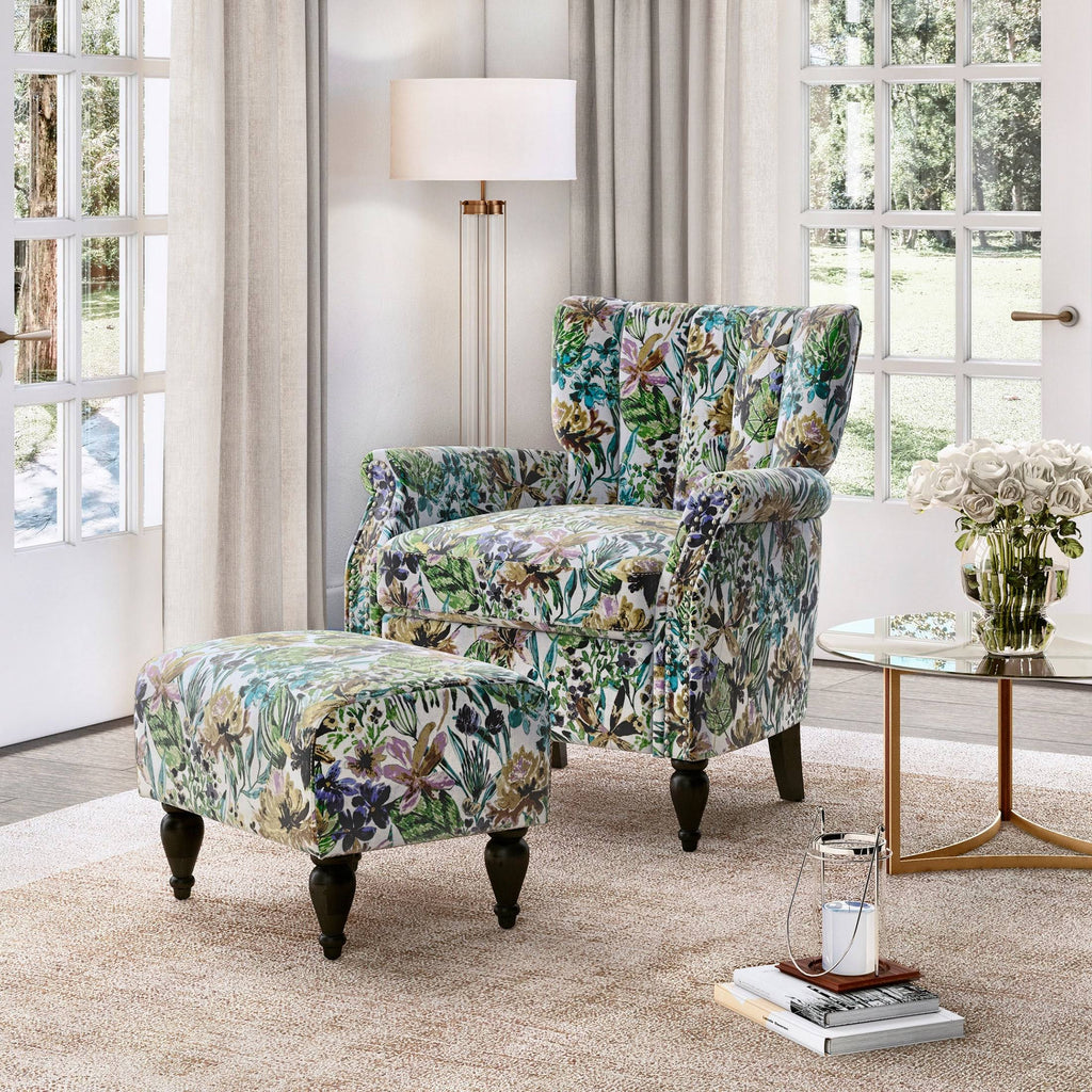 Botanical Velvet Arm Chair and Ottoman H3091