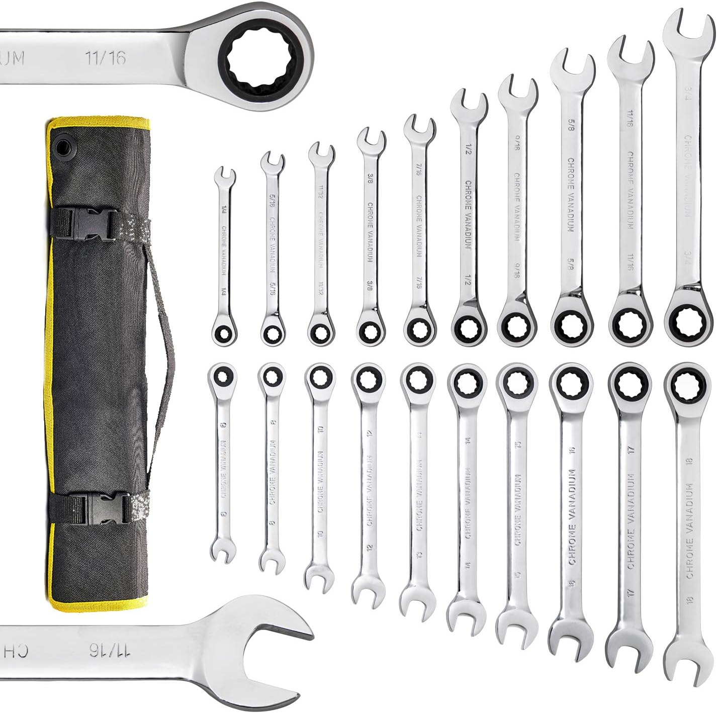 12-Piece 8-19mm Metric Flex-Head Ratcheting Wrench Set with Canvas Bag H498693