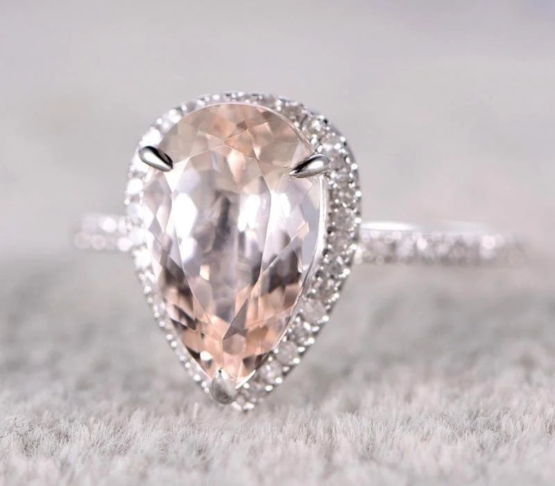 Pear Cut Morganite and Diamond Moissanite Halo Engagement Ring with 18k Gold Plating Q3386