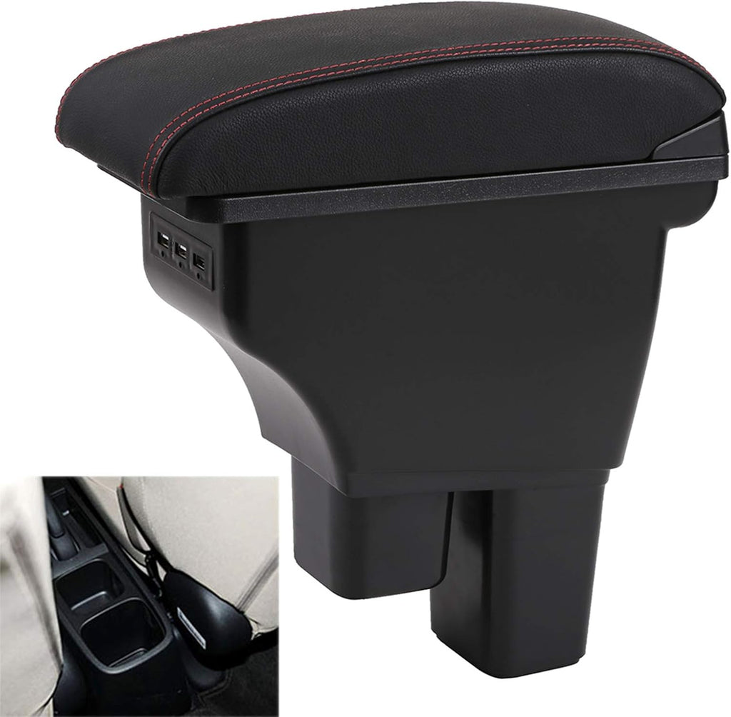 Black with Black Thread Double Layer Car Center Storage Box with 3 USB Ports Pack of 2 L15184