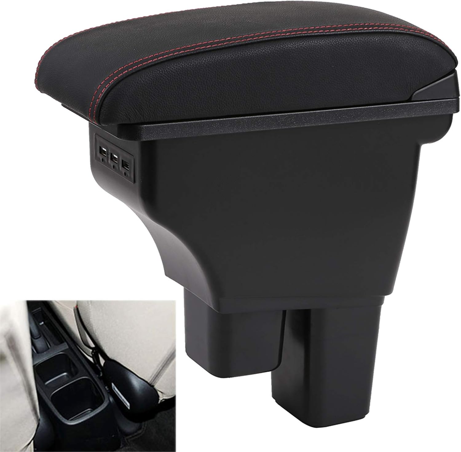Black with Black Thread Double Layer Car Center Storage Box with 3 USB Ports Pack of 2 L15184
