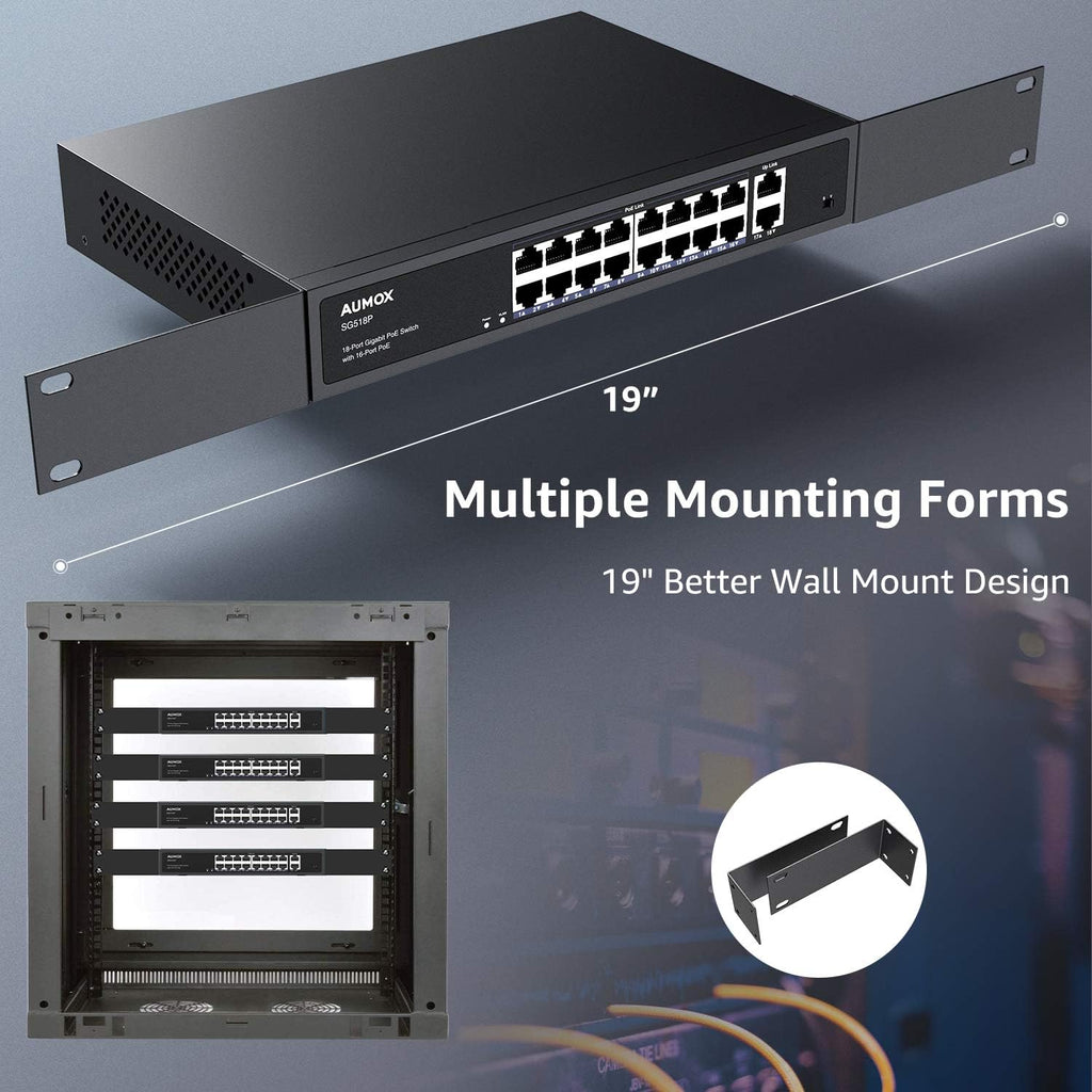 18-Port Ethernet Gigabit PoE Switch with 2 Uplink Ports, 250W, Metal Casing, Rackmount, Unmanaged Y775597