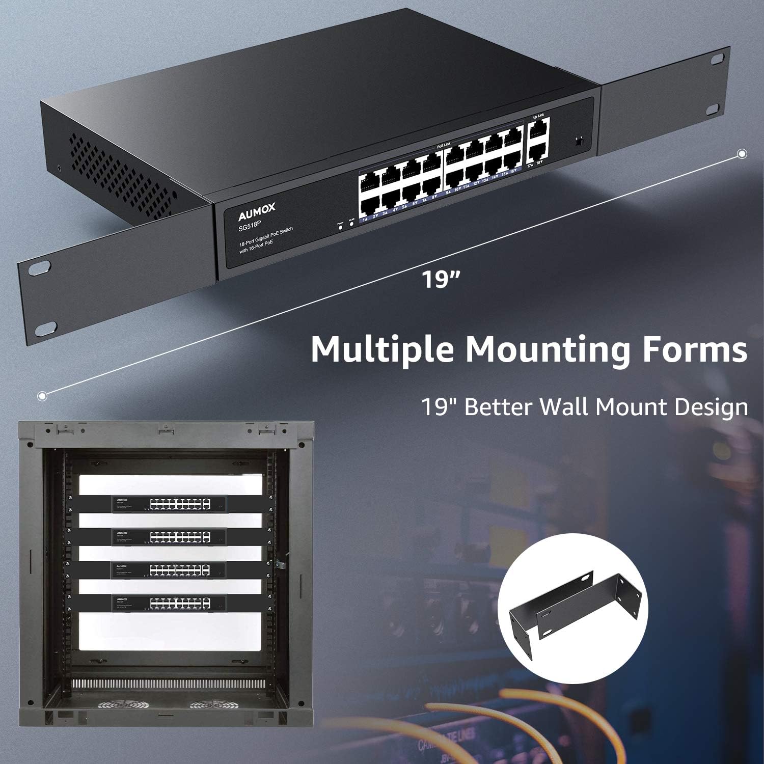 18-Port Ethernet Gigabit PoE Switch with 2 Uplink Ports, 250W, Metal Casing, Rackmount, Unmanaged Y775597
