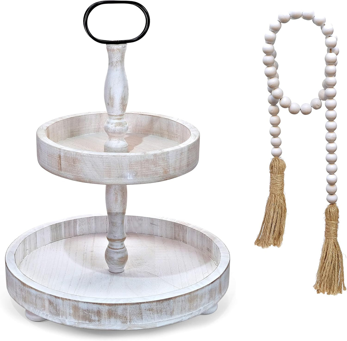 White 2 Tier Tray with Beads T7600