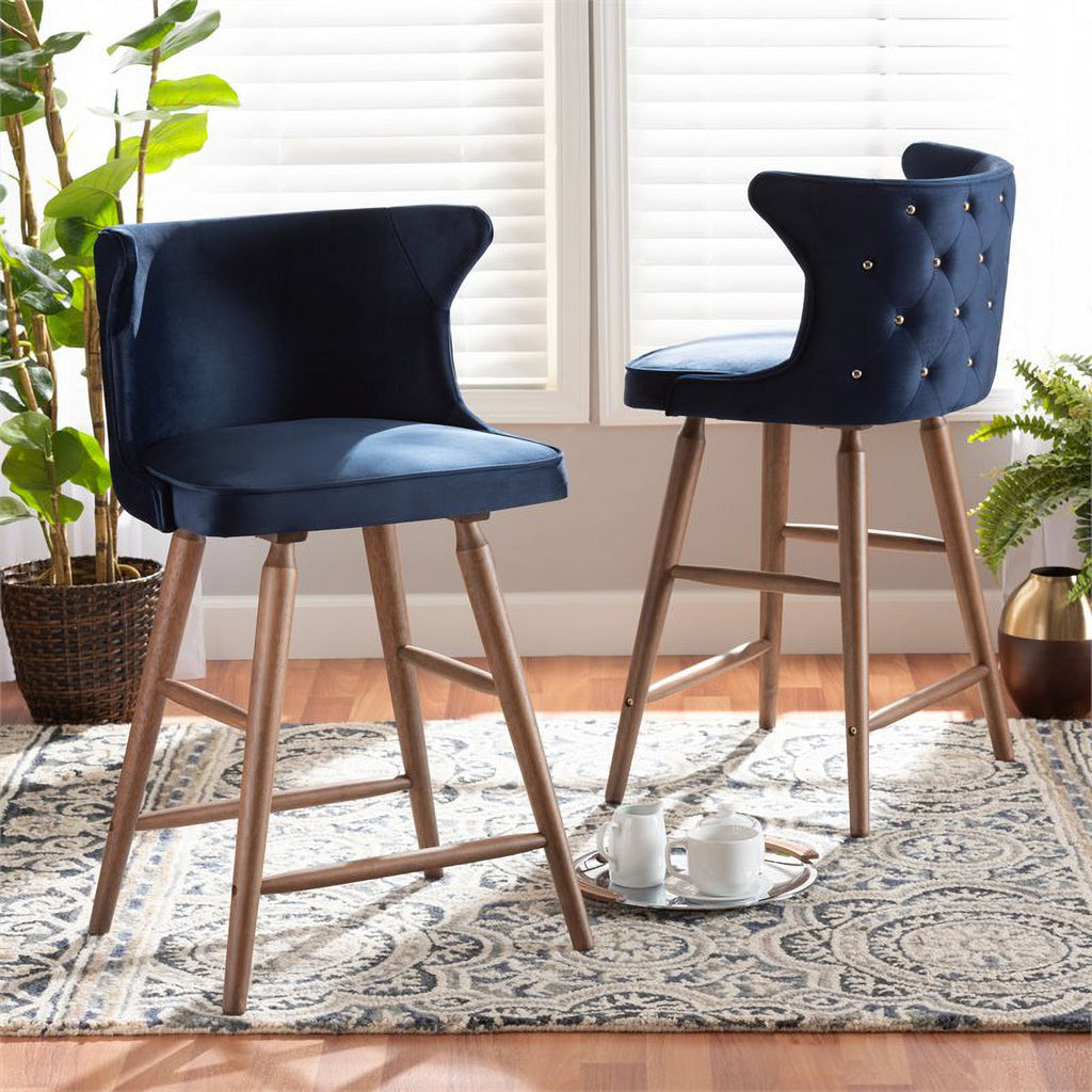 Blue and Walnut Brown Finished Wood 2-Piece Stool Set T27662
