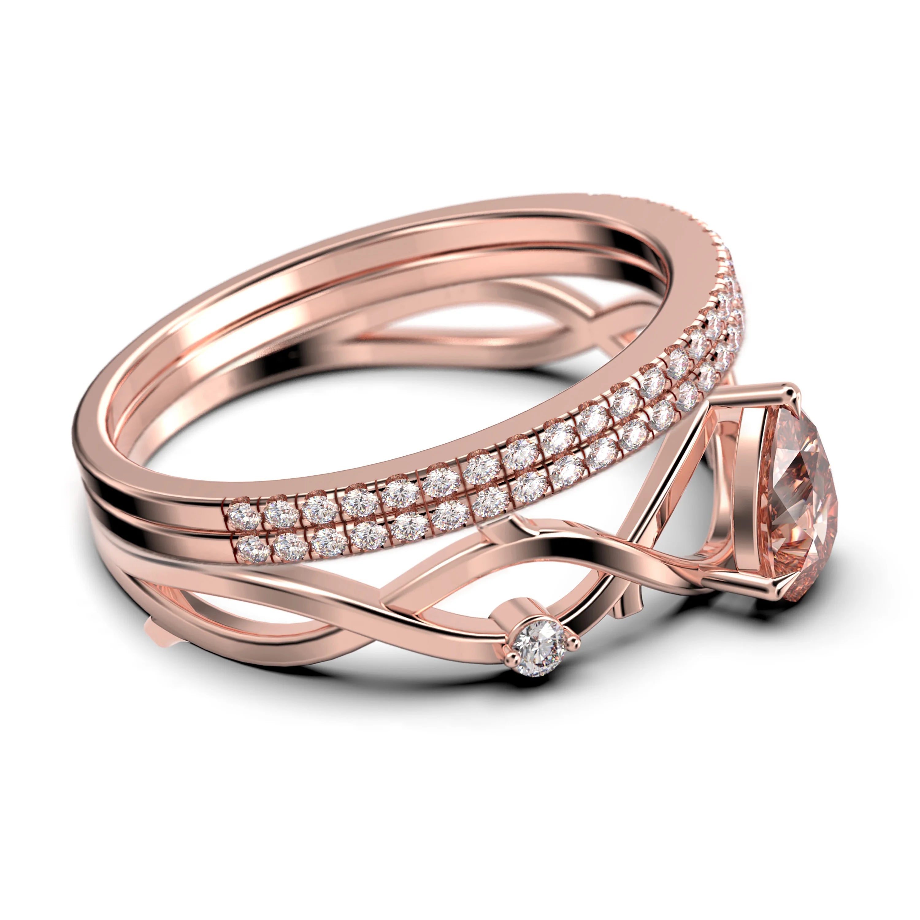 2.10 Carat Pear Cut Morganite And Diamond Moissanite Engagement Ring In 925 Sterling Silver With 18K Rose Gold Plating, Trio Ring Set G6619