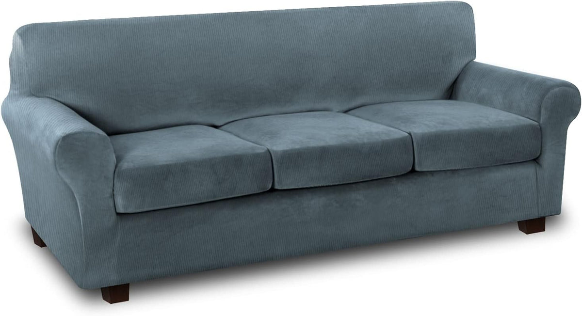 Thick Striped Velvet 4 Piece Stretch Sofa Slipcovers K4762